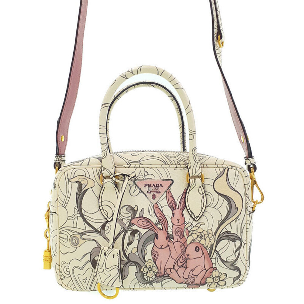 Prada James Jean Glace Calfskin Rabbit Print Bauletto White